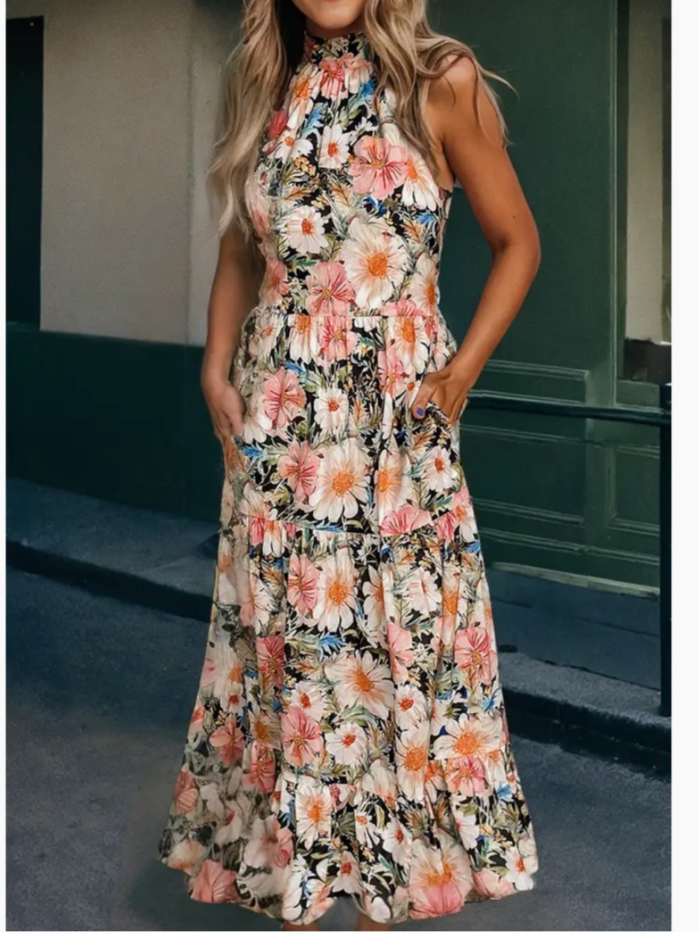Floral Halter Maxi Dress in Coral & White